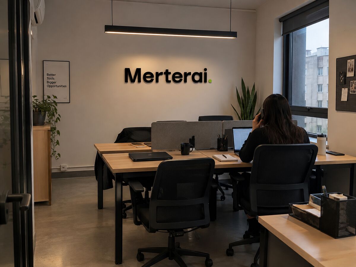 MerterAI ofisinde çalışan ekip; duvarda MerterAI logosu